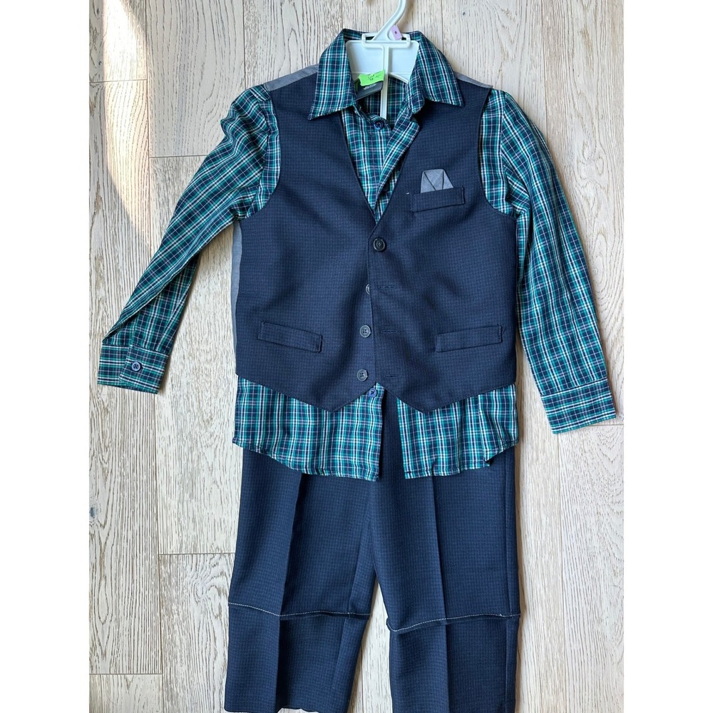 Nautica Boys 3 Piece Vest Set Navy Green Plaid Shirt Pants Size 6 Formal Suit